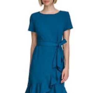 Calvin Klein Teal Midi Dress w/Waist Tie. Faux Wrap. Ruffle. Size 2. Great Cond